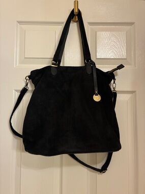 Black Suede Tote with Gold‎ Charm by Cruz
